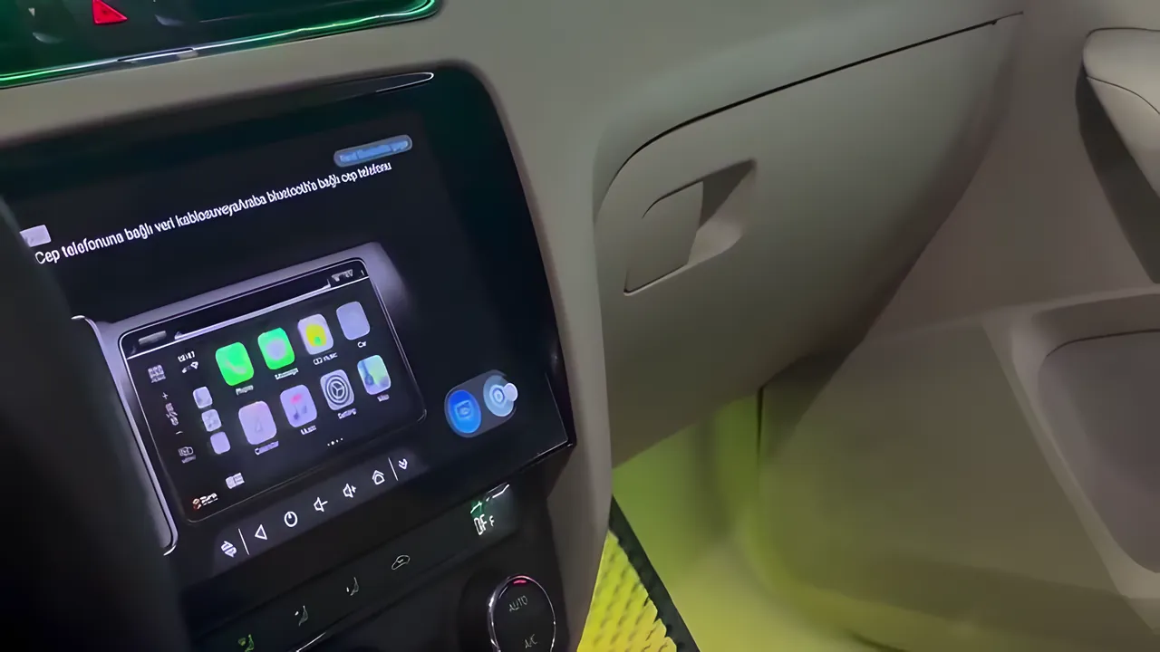 Skoda Octavia konsoluna oturan multimedya ekranı ve ayak altı ambiyans aydınlatma